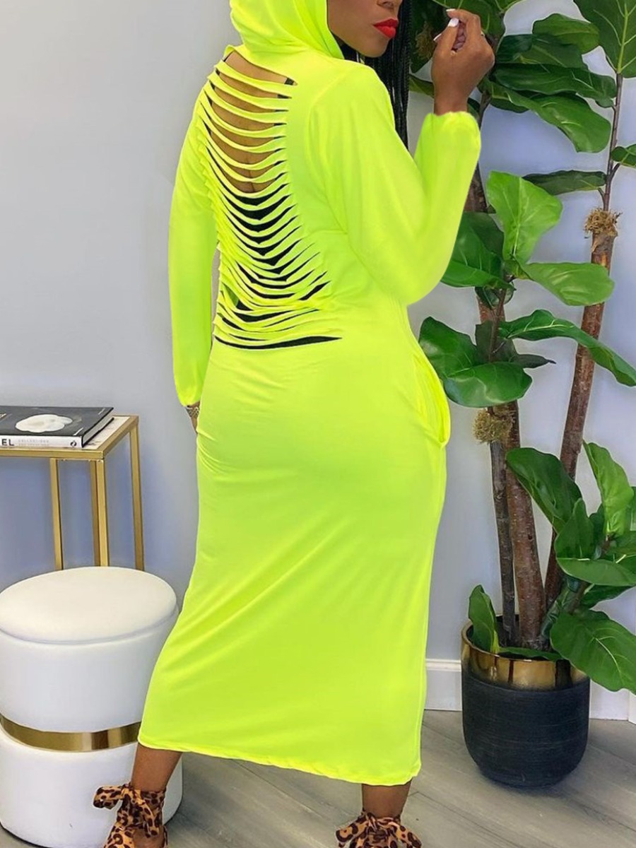 

LW Hooded Collar Ripped Sweat Dress, Yellow