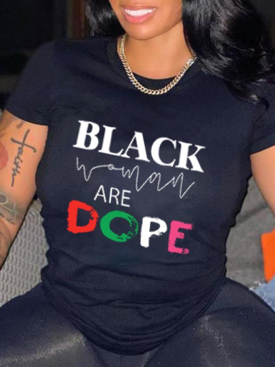 

LW BASICS Round Neck Letter Print T-shirt, Black