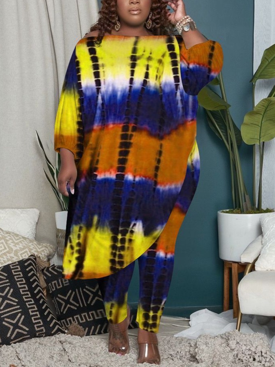 

LW Plus Size Tie-dye Asymmetrical Pants Set, Yellow