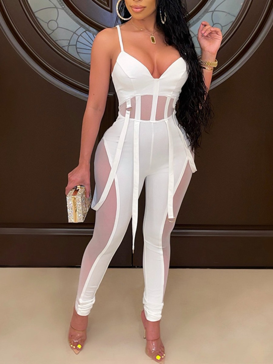 

LW SXY See-through Metal Ring Decoration Jumpsuit, White
