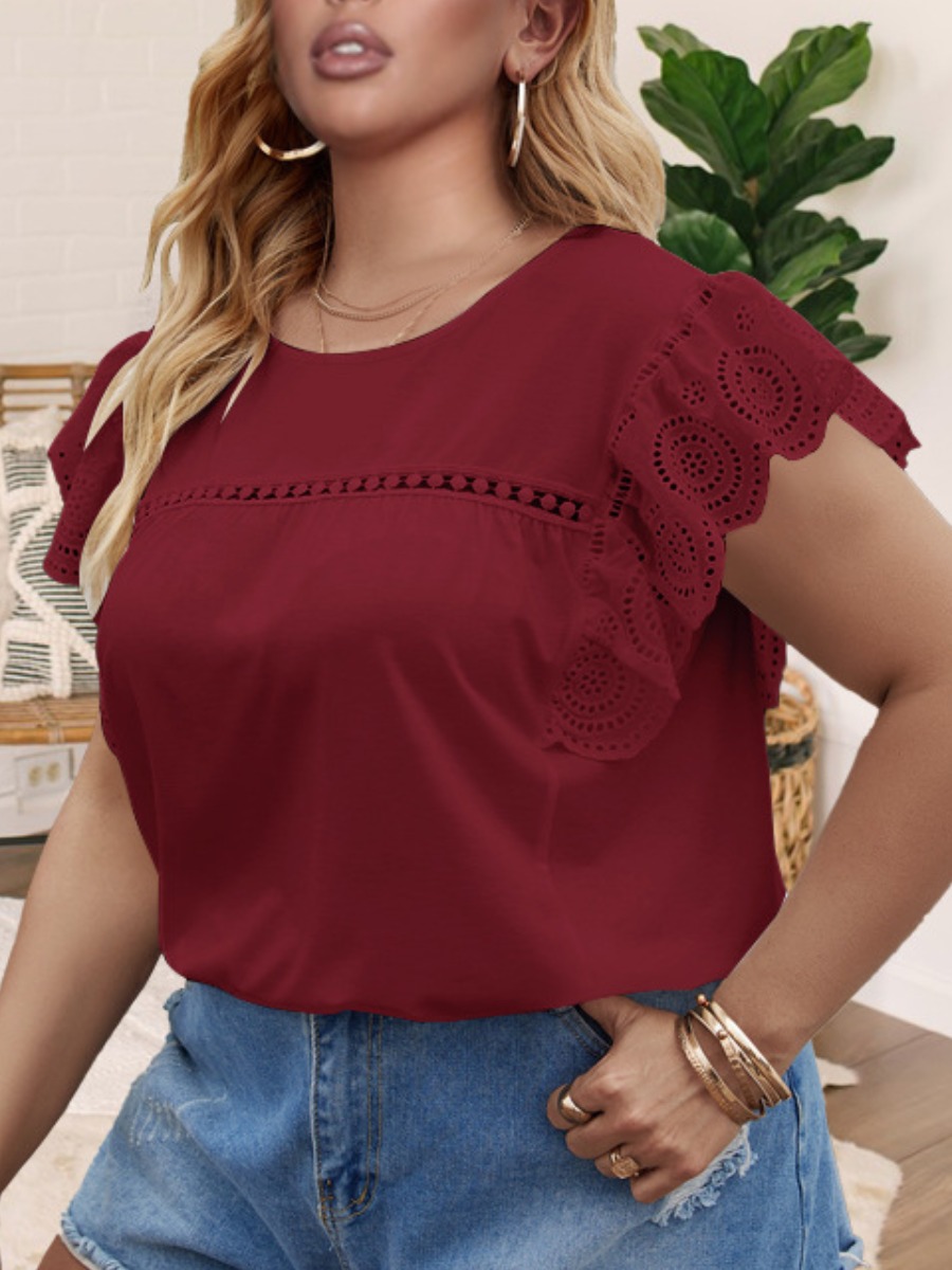 

LW Plus Size Hollow-out Scalloped T-shirt, Wine red