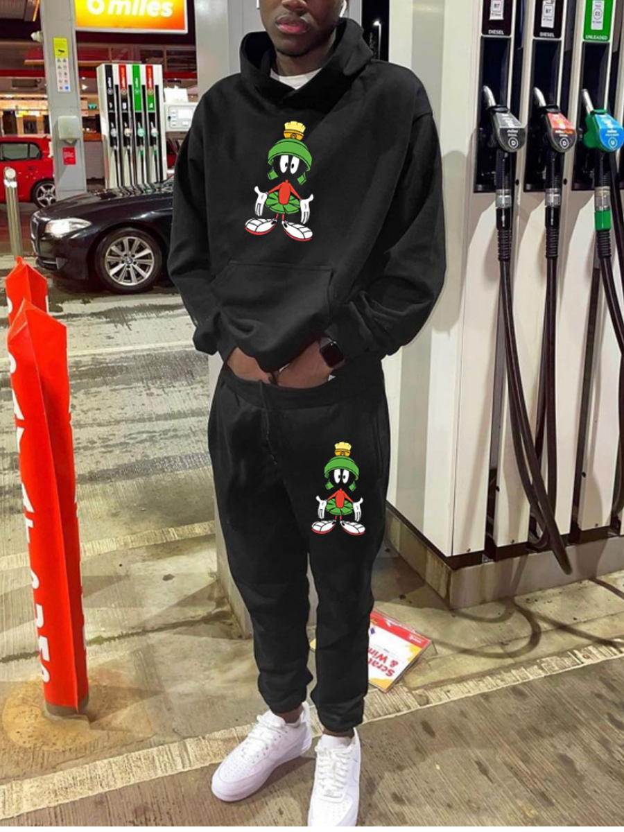 

LW Men Cartoon Print Oversized Pants Set, Black