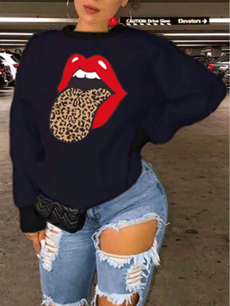 LW Plus Size Casual O Neck Lip Print Black Hoodie