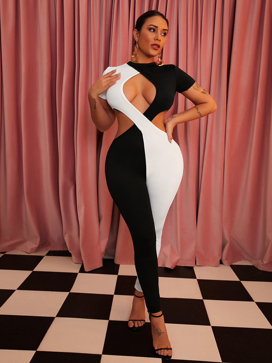 

LW SXY Hollow-out Patchwork One-piece Jumpsuit, Black and white