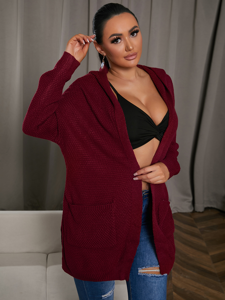 

LW Hooded Collar Pocket Design Cardigan, Wine red