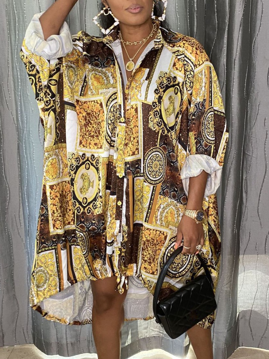 

LW Mixed Print Loose Shirt Dress, Yellow