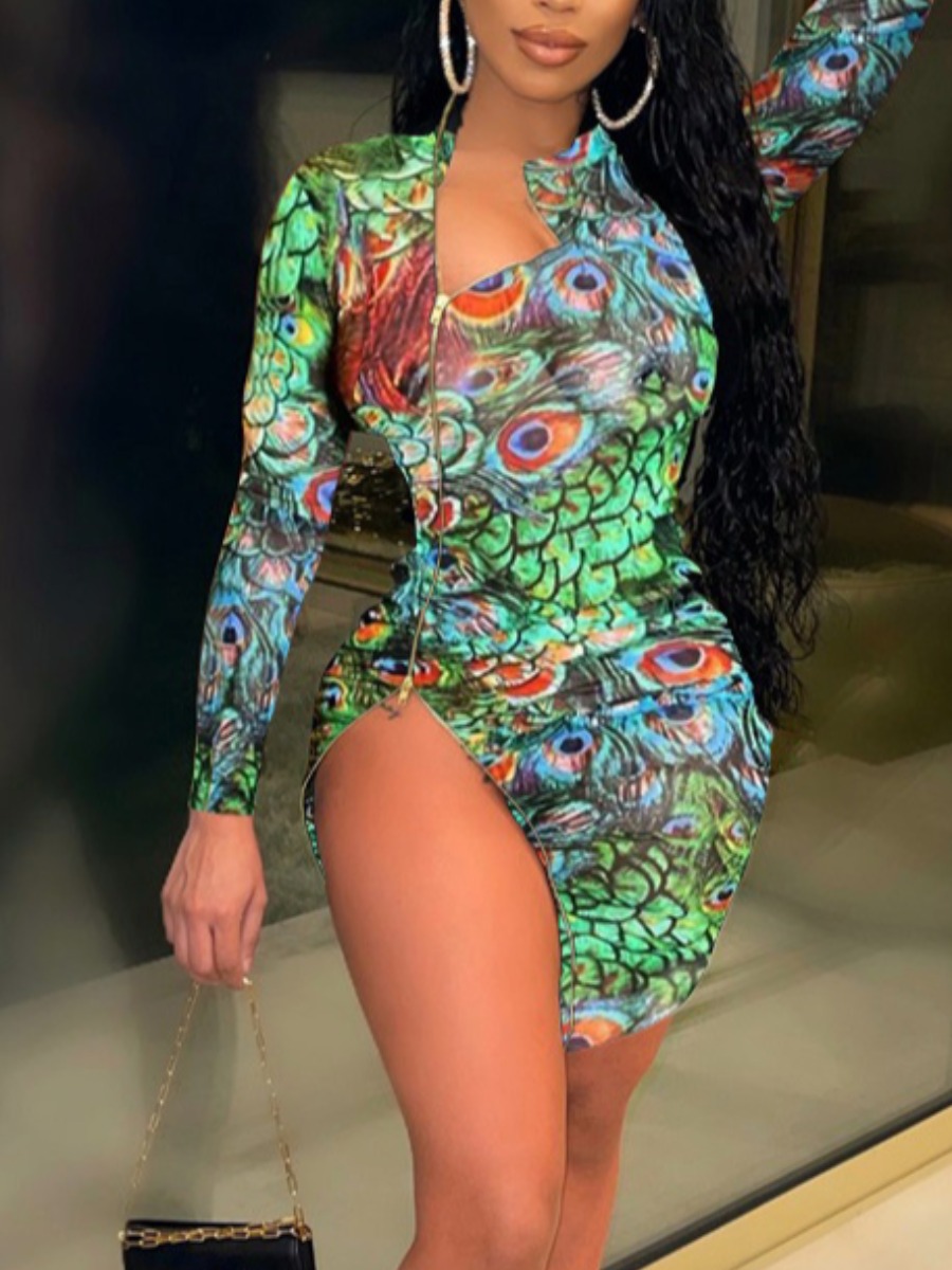 

LW Peacock Print Zipper Design Dress, Green