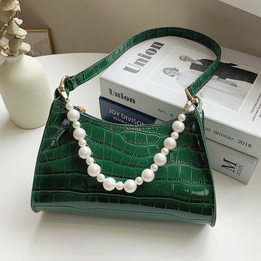 

LW Embossed Pearl Decoration Shoulder Bag, Green