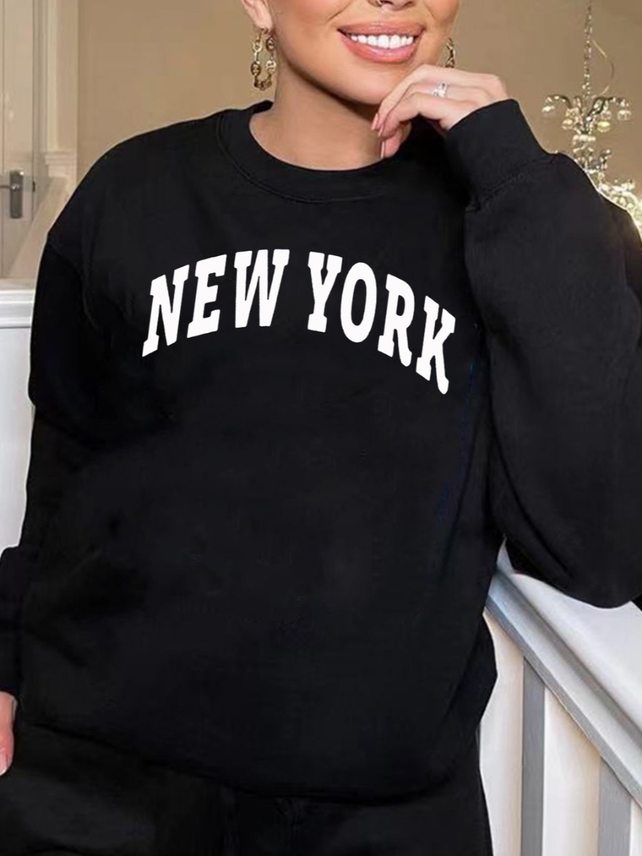 

LW Plus Size Round Neck Letter Print Hoodie, Black