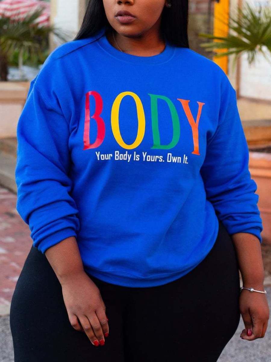 

LW Plus Size Round Neck Letter Print Hoodie, Blue