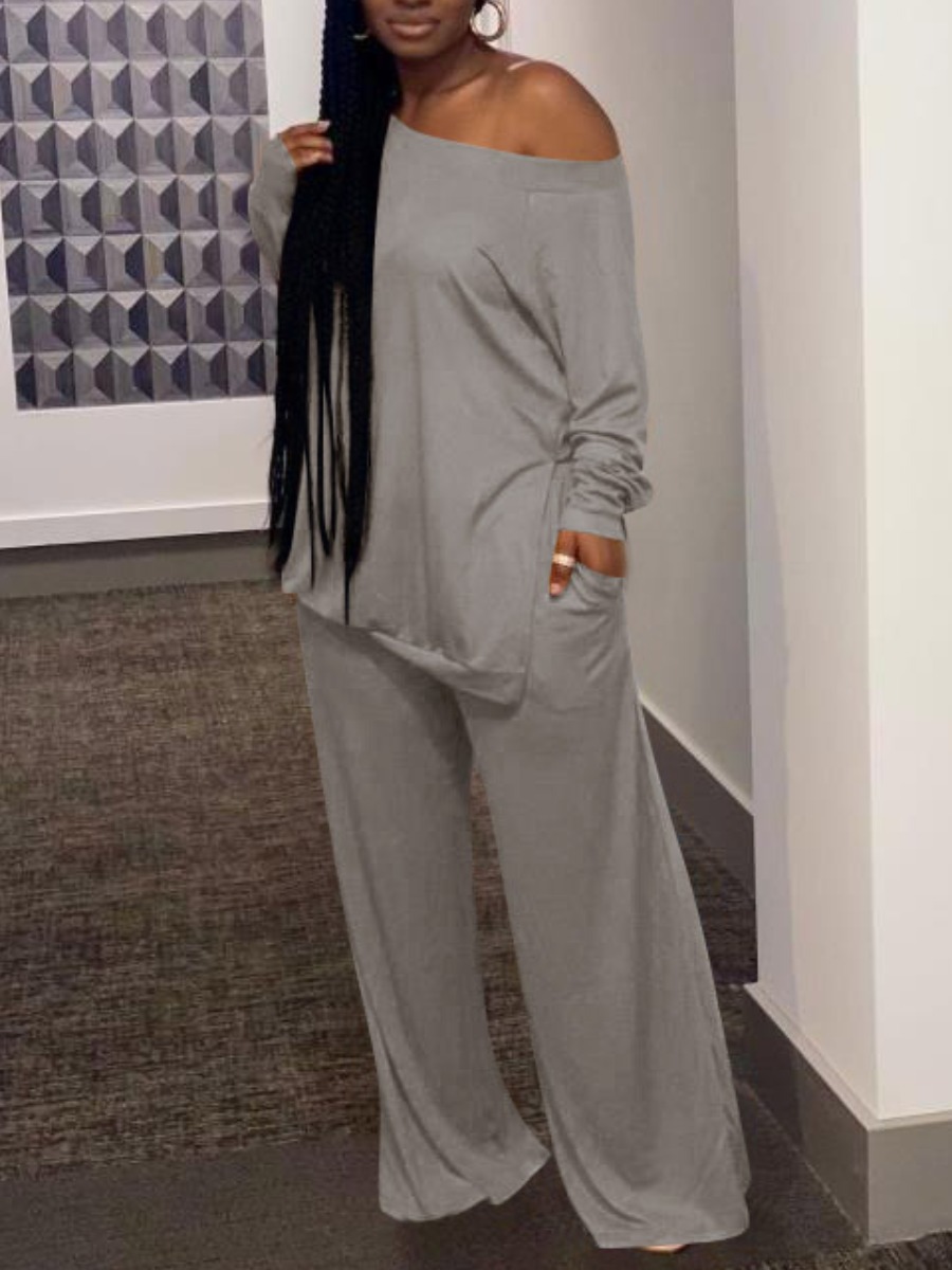 

LW Plus Size Side Slit Loose Pants Set, Grey