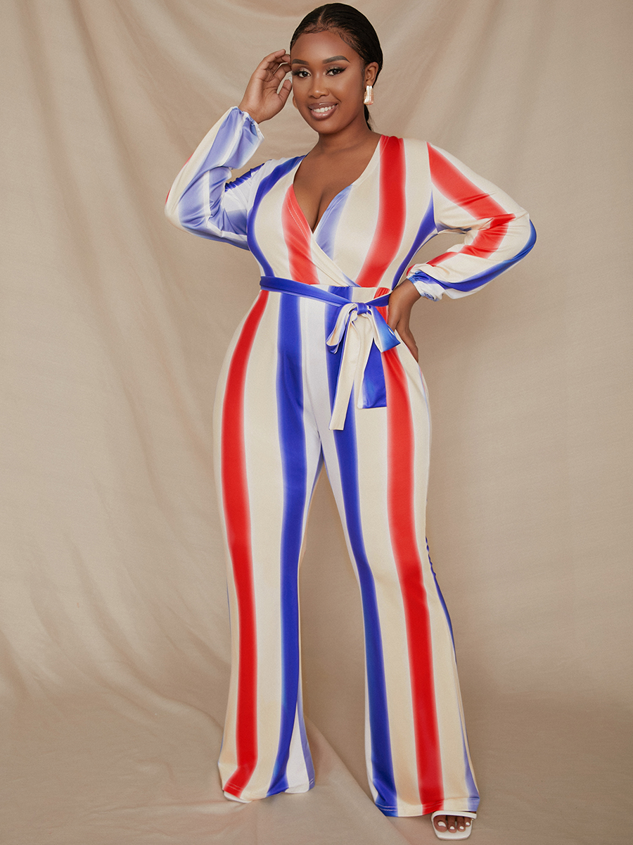 

LW Plus Size Striped Bandage Design Jumpsuit, Red