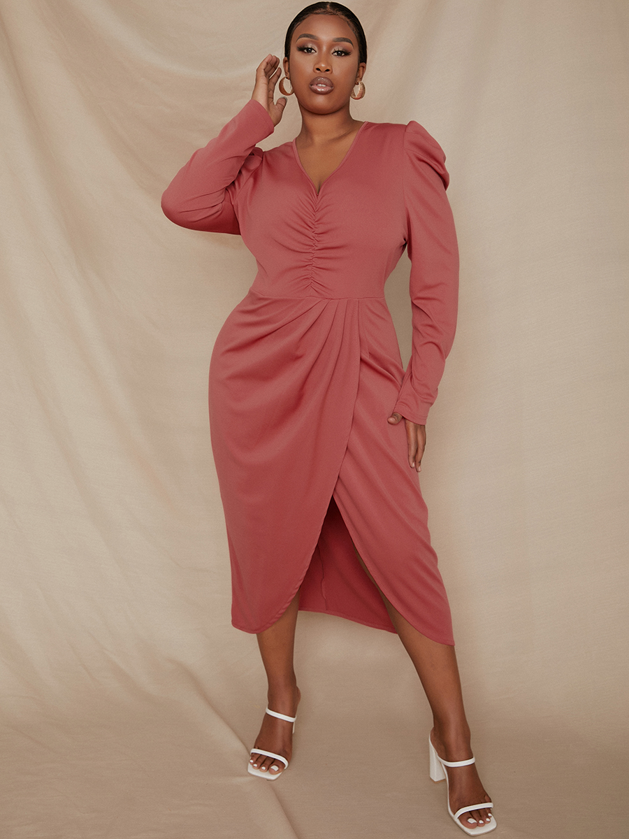 

LW Plus Size Ruched Front Split Dress, Pink