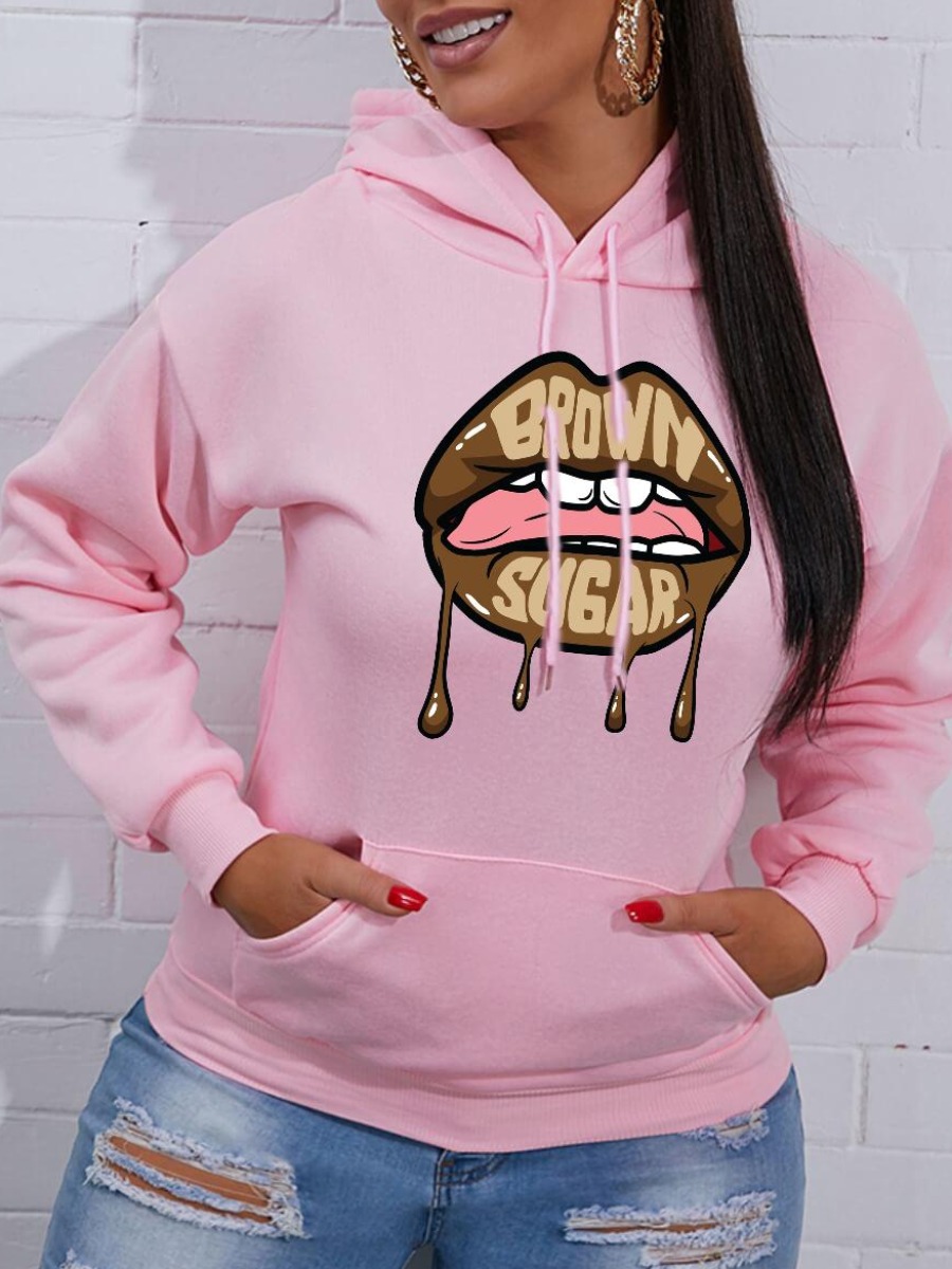 

LW Lip Letter Print Hoodie, Pink