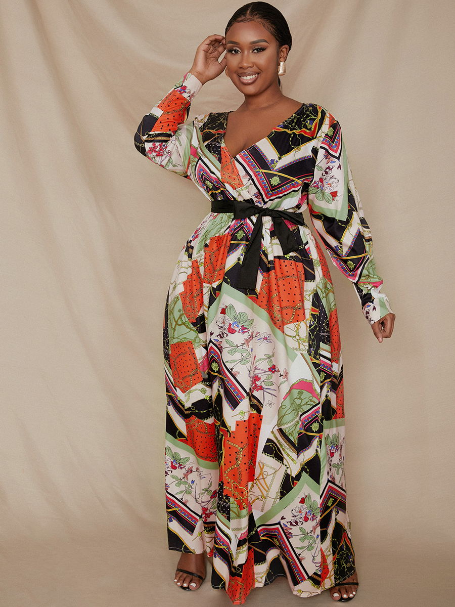 

Lovely Plus Size Chain Floral Print A Line Dress, Multi