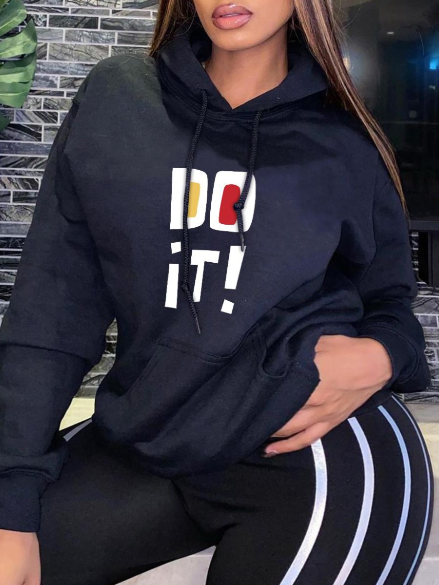 

LW Plus Size Letter Print Kangaroo Pocket Hoodie, Black