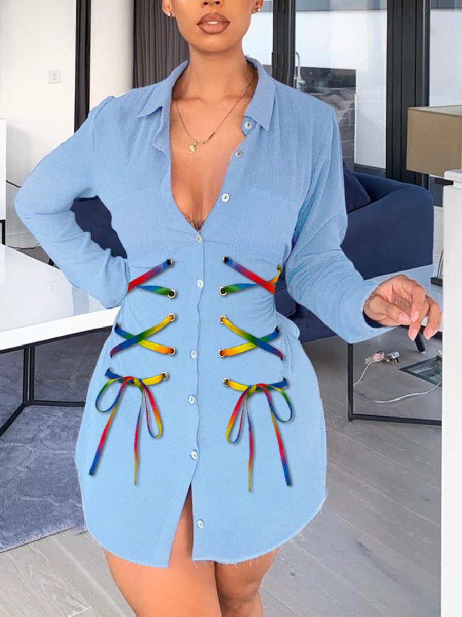 

LW Button Bandage Design Denim Coat, Baby blue
