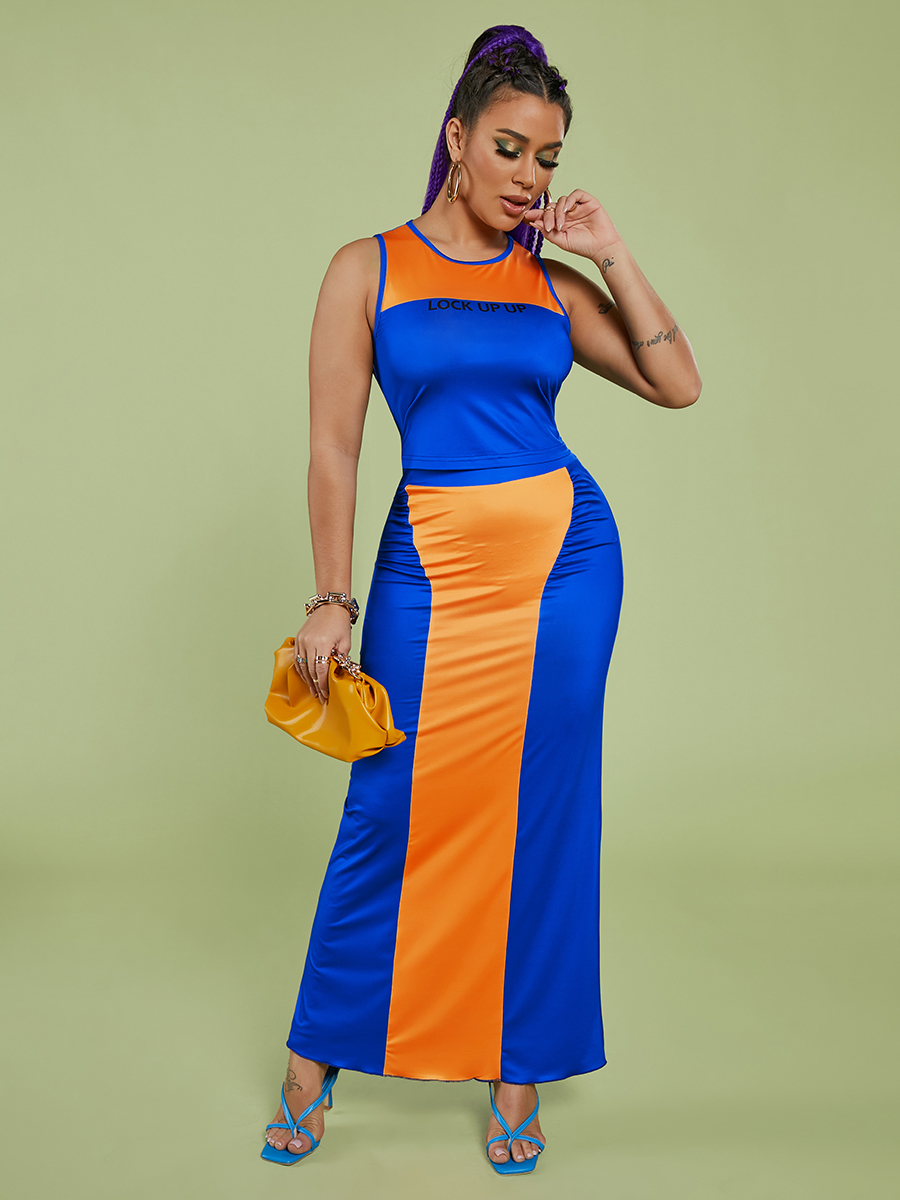 

LW Letter Print Patchwork Two Piece Skirt Set, Orange