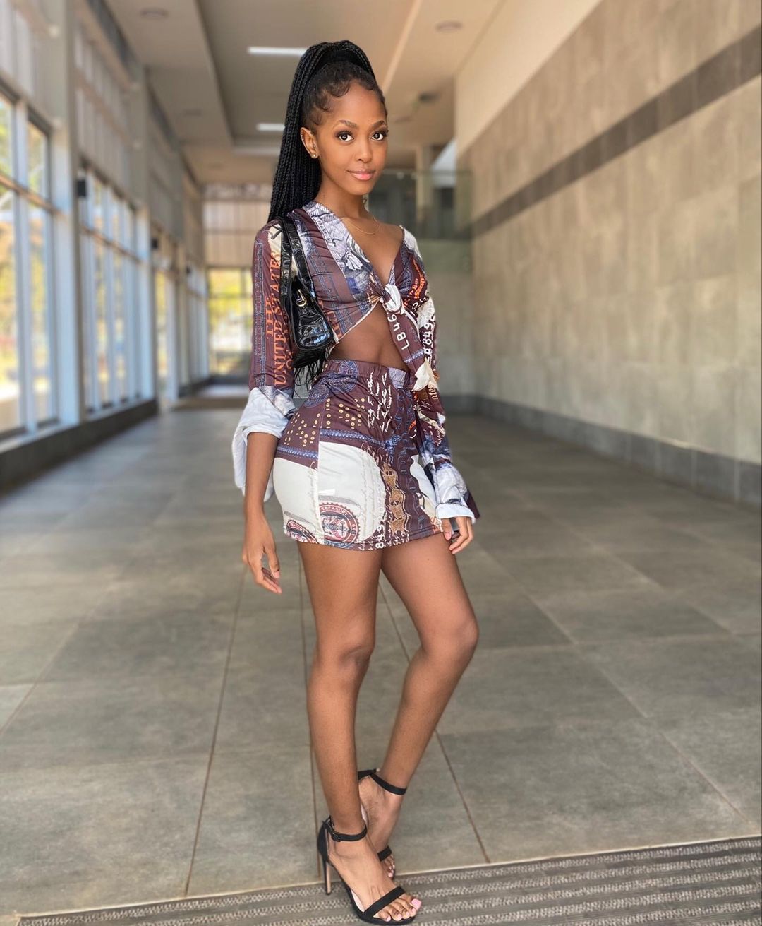 

LW SXY Flared Print Bandage Design Coffee Two Piece Skirt Set