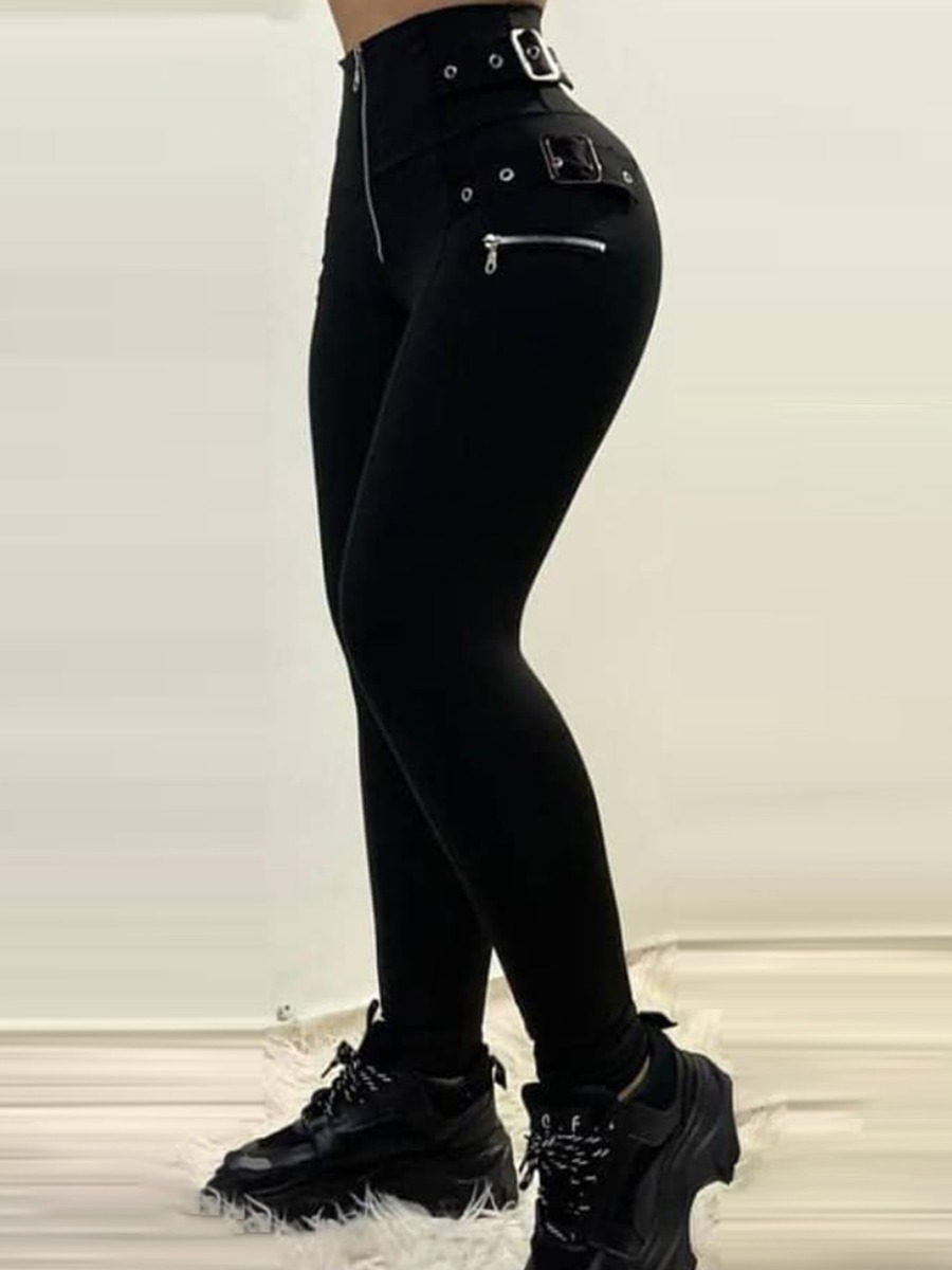 

LW High-waisted Buckle Design Pants, Black