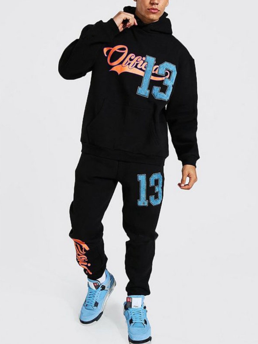 

LW Men Letter Print Oversized Tracksuit Set, Black