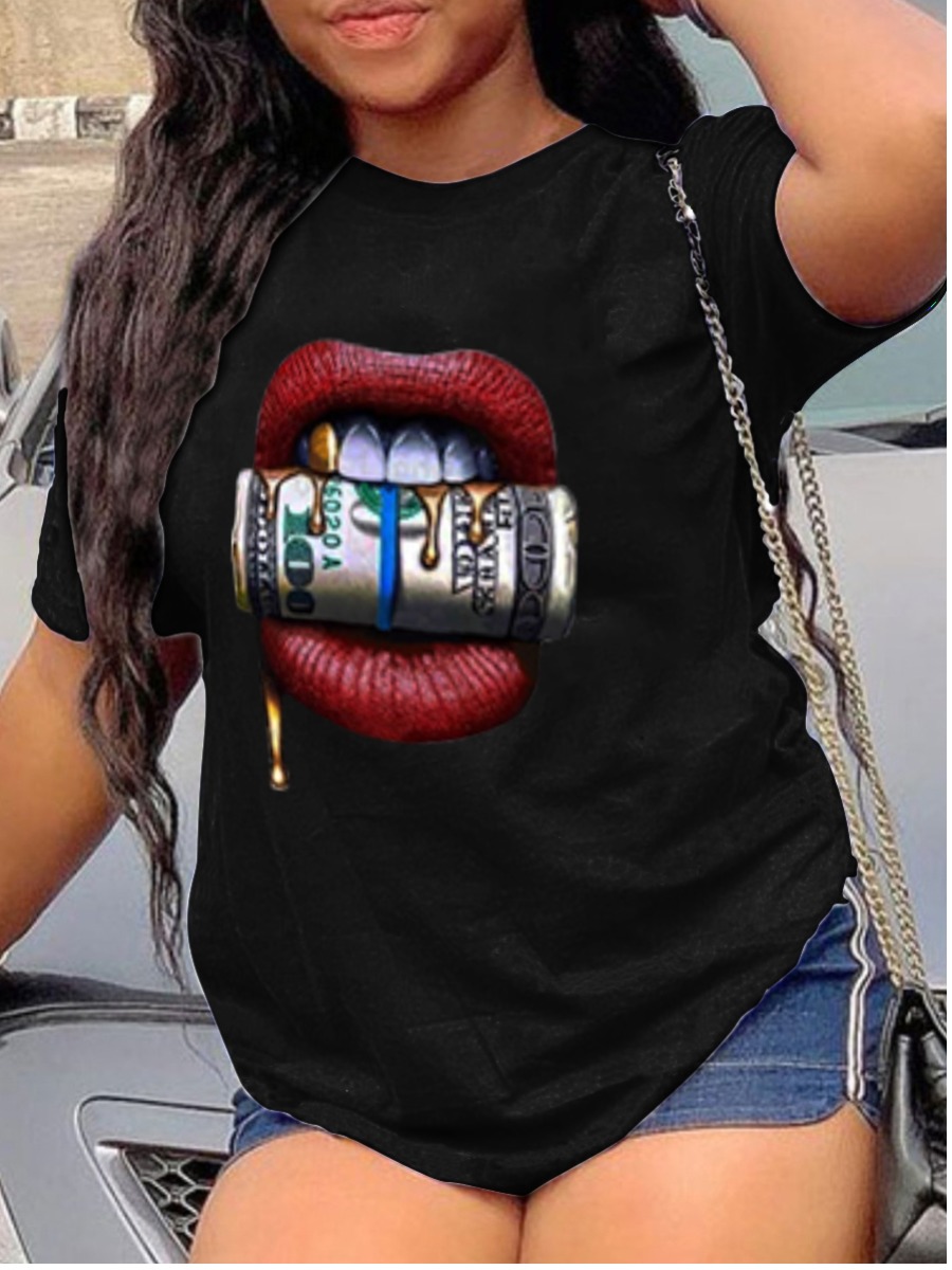LovelyWholesale Money Lip Print T-shirt Summer Short Sleeve Casual Basic Round Neck Spring Summer 2024