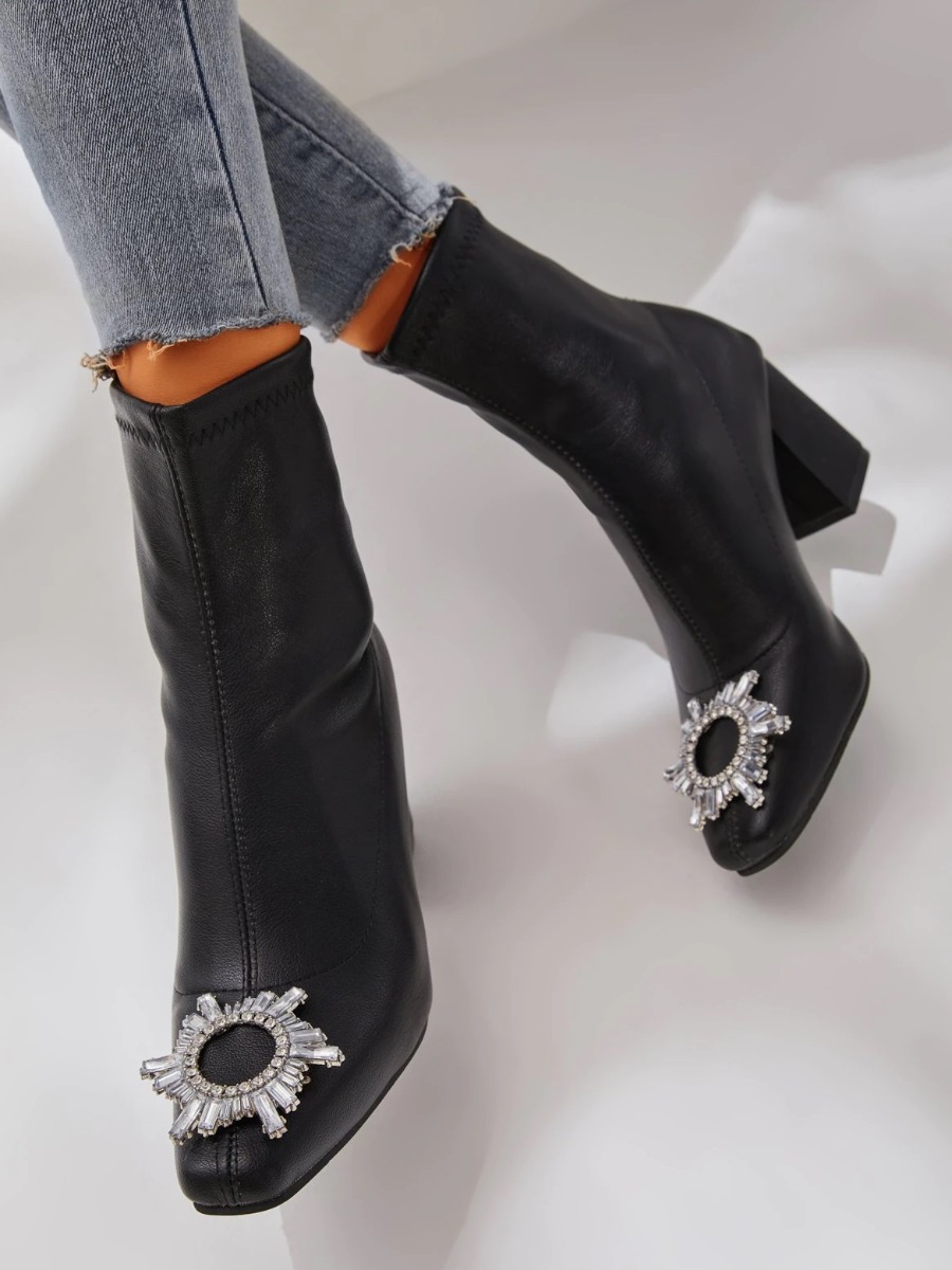 

LW Crystal Decoration Pointed-toe Booties, Black