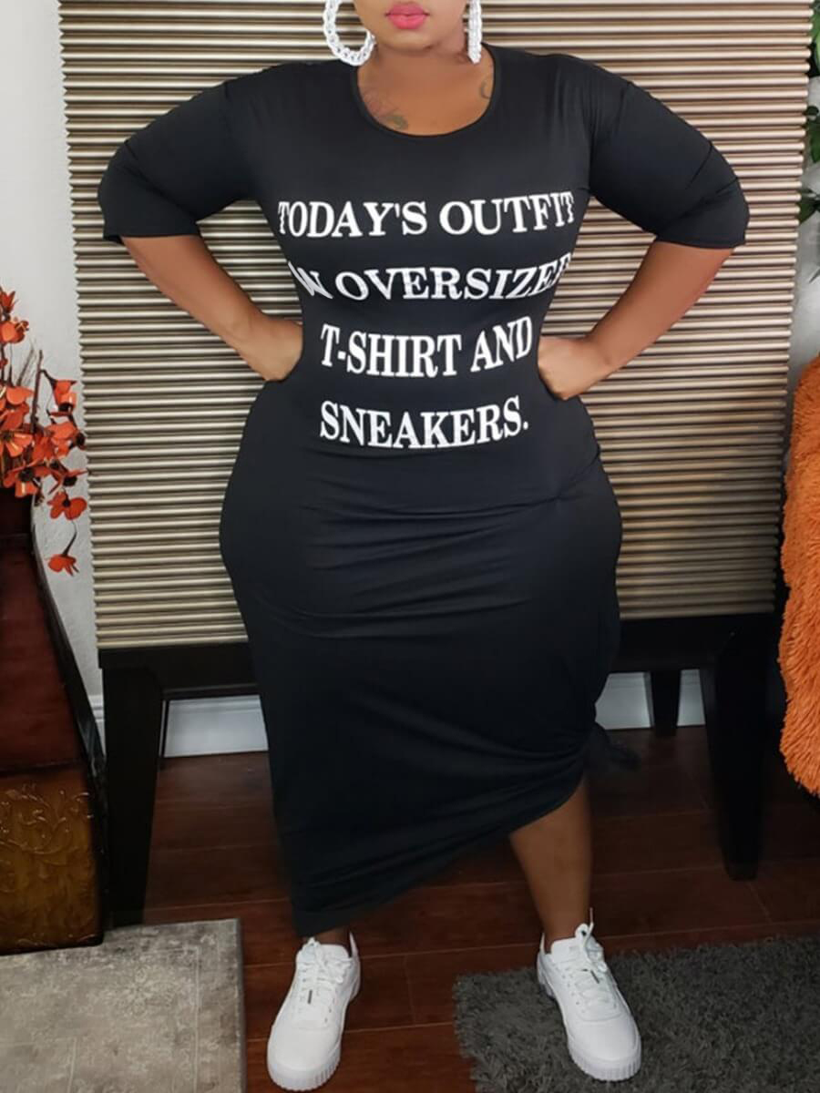 

LW Plus Size Round Neck Letter Print Bodycon Dress, Black