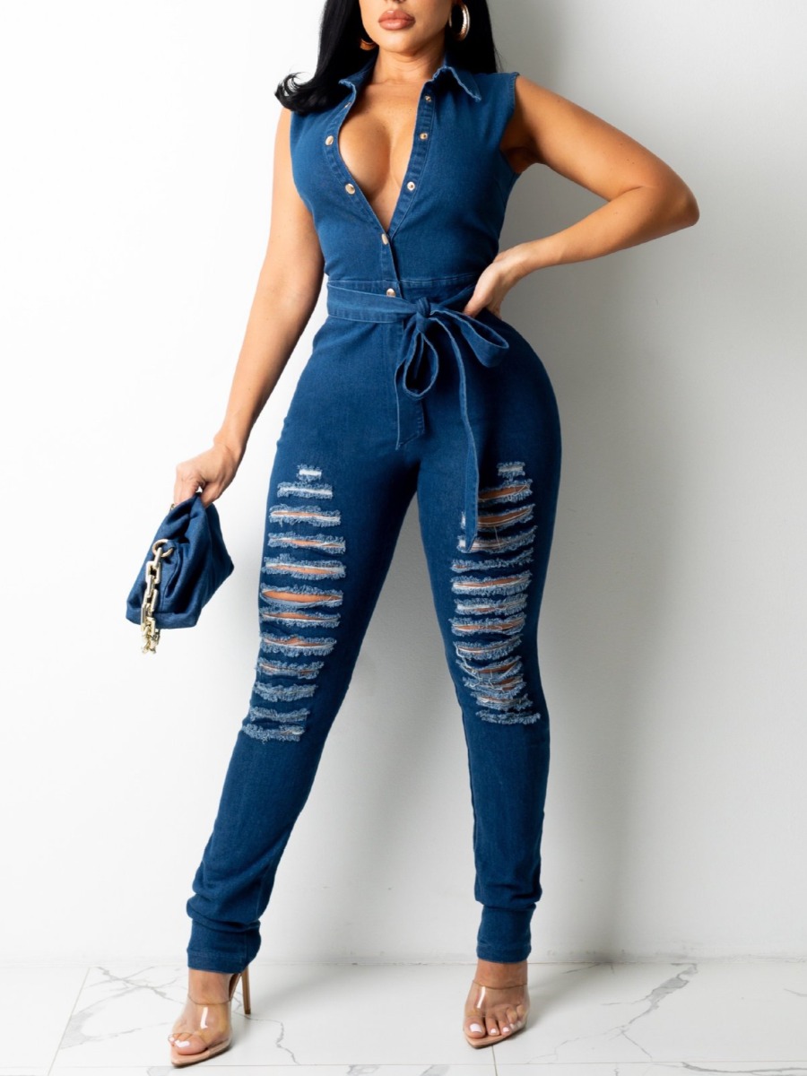 

LW Ripped Bandage Design Denim Jumpsuit, Deep blue
