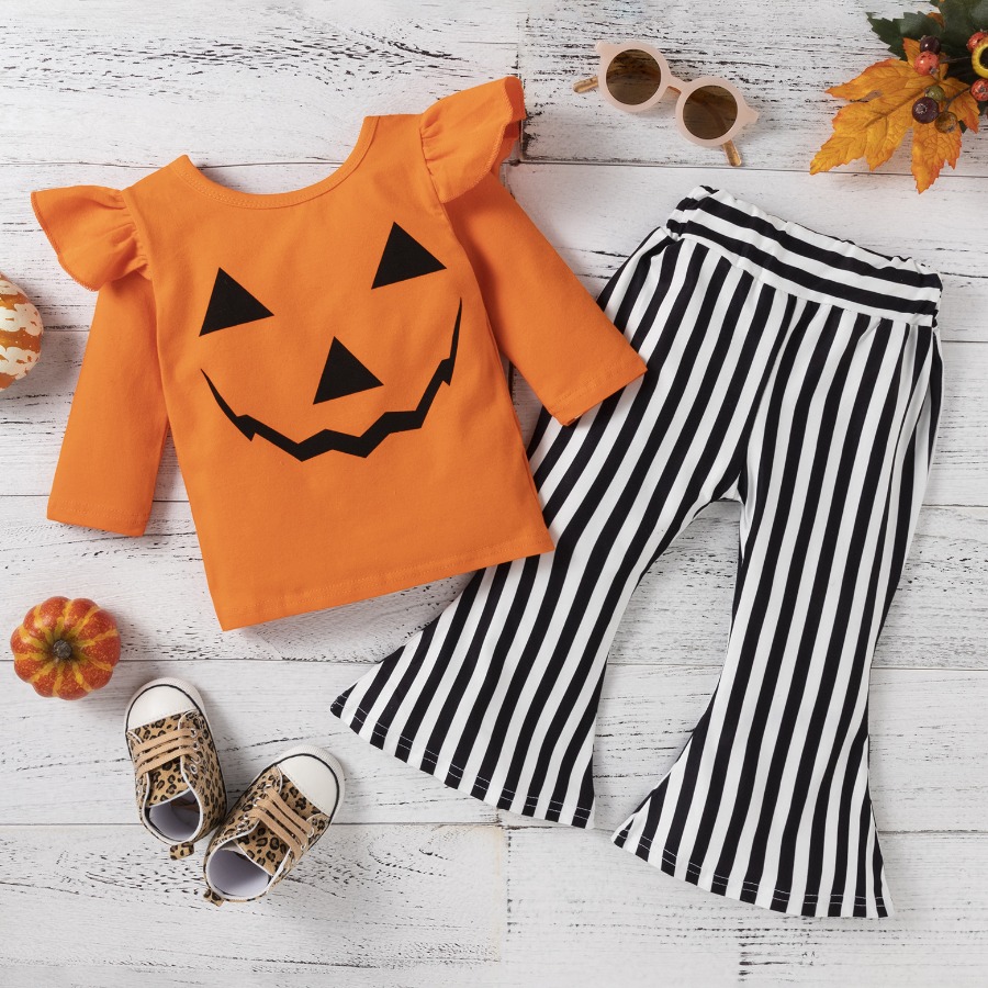 

LW COTTON Girl Geometric Print Striped Pants Set, Orange