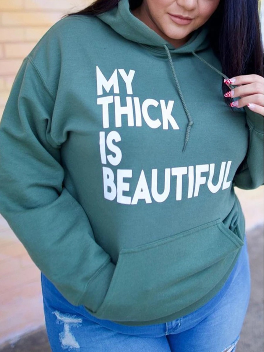 

LW Plus Size Letter Print Kangaroo Pocket Hoodie, Green