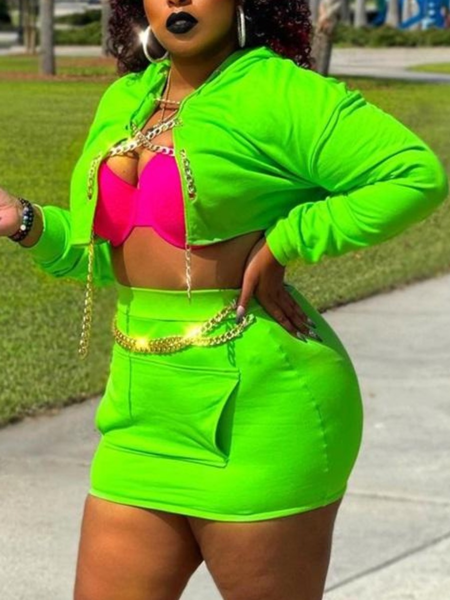 

LW Plus Size Chain Decoration Crop Top Skirt Set, Green