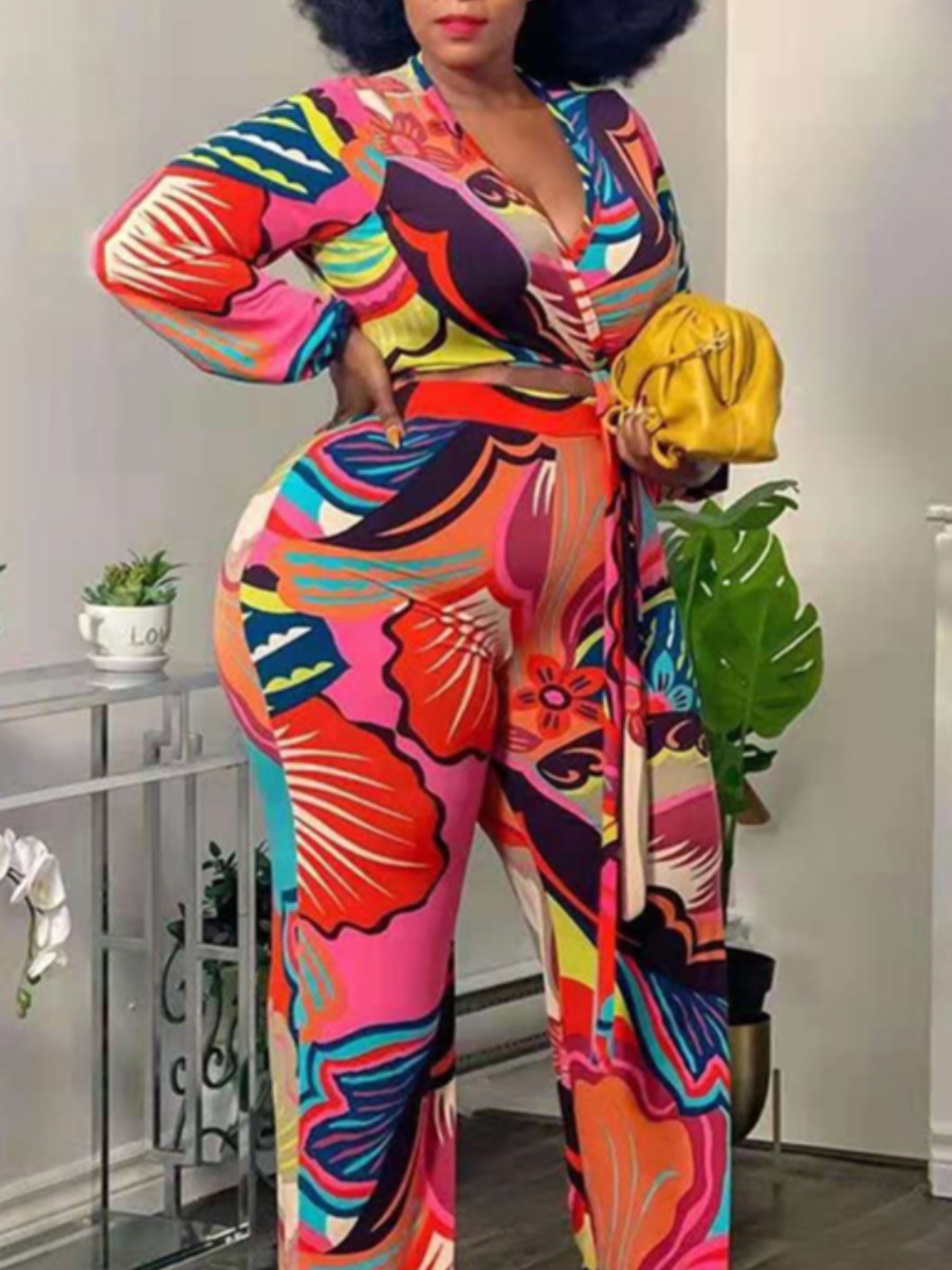 

LW Plus Size V Neck Mixed Print Pants Set, Multi