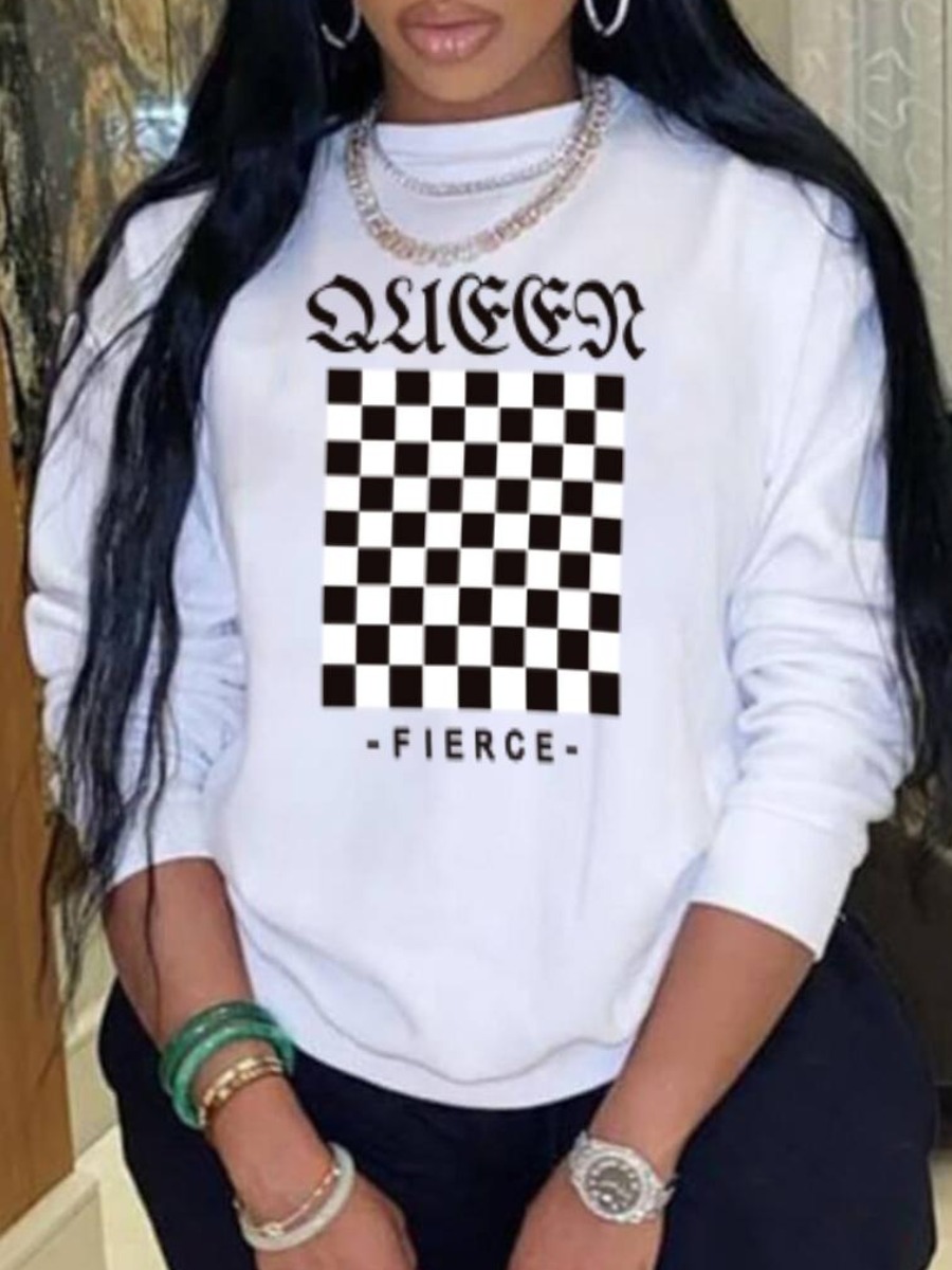 

LW Plus Size Plaid Letter Print Sweatshirt, White