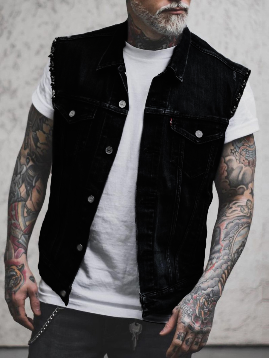 

LW Men Denim Make Old Skull Head Straight Denim Jacket (No Stretch), Black