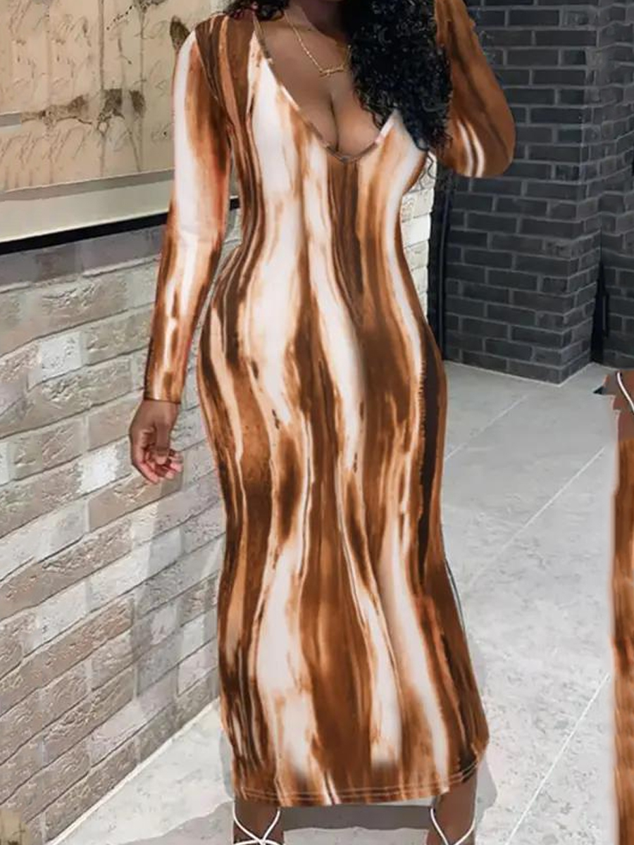 

LW V Neck Tie-dye Bodycon Dress, Coffee