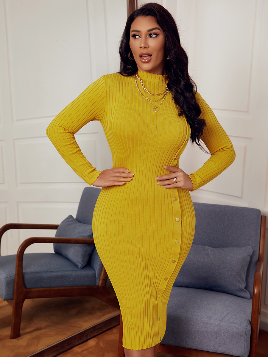 

LW SXY Solid Button Design Bodycon Dress, Yellow