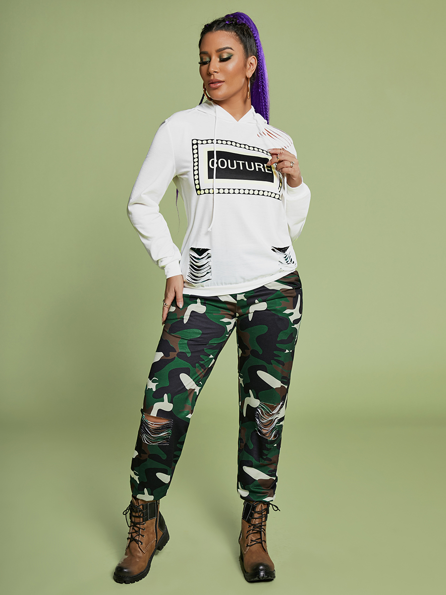 

LW Letter Camo Print Pants Set, Army green camouflag