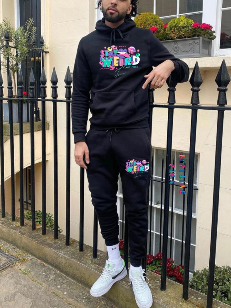 

LW Men Lip Letter Print Sweatsuit Set, Black