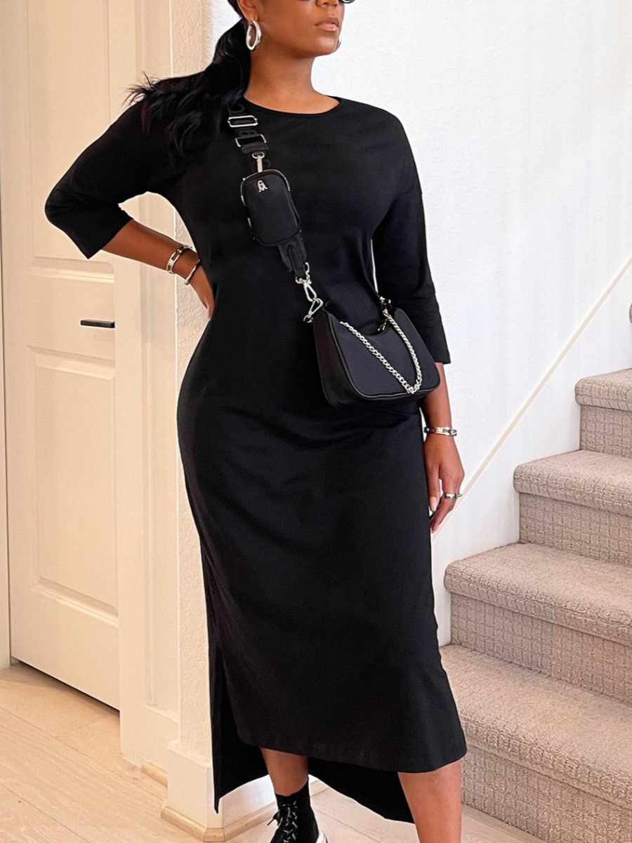 LW Round Neck Slit Dress, Black