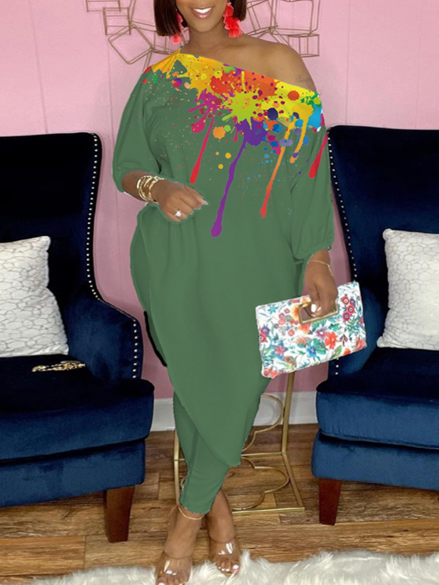 

LW Plus Size Splash-ink Design Asymmetrical Pants Set, Green