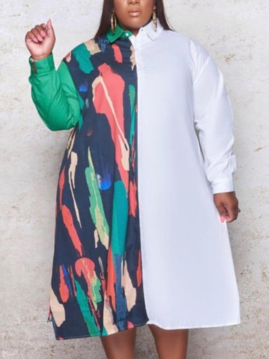 

LW Plus Size Print Patchwork Shirt Dress, White