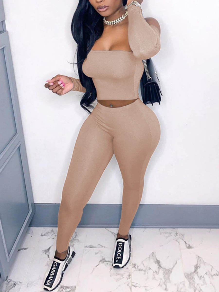

LW SXY Off The Shoulder Basic Skinny Pants Set, Khaki