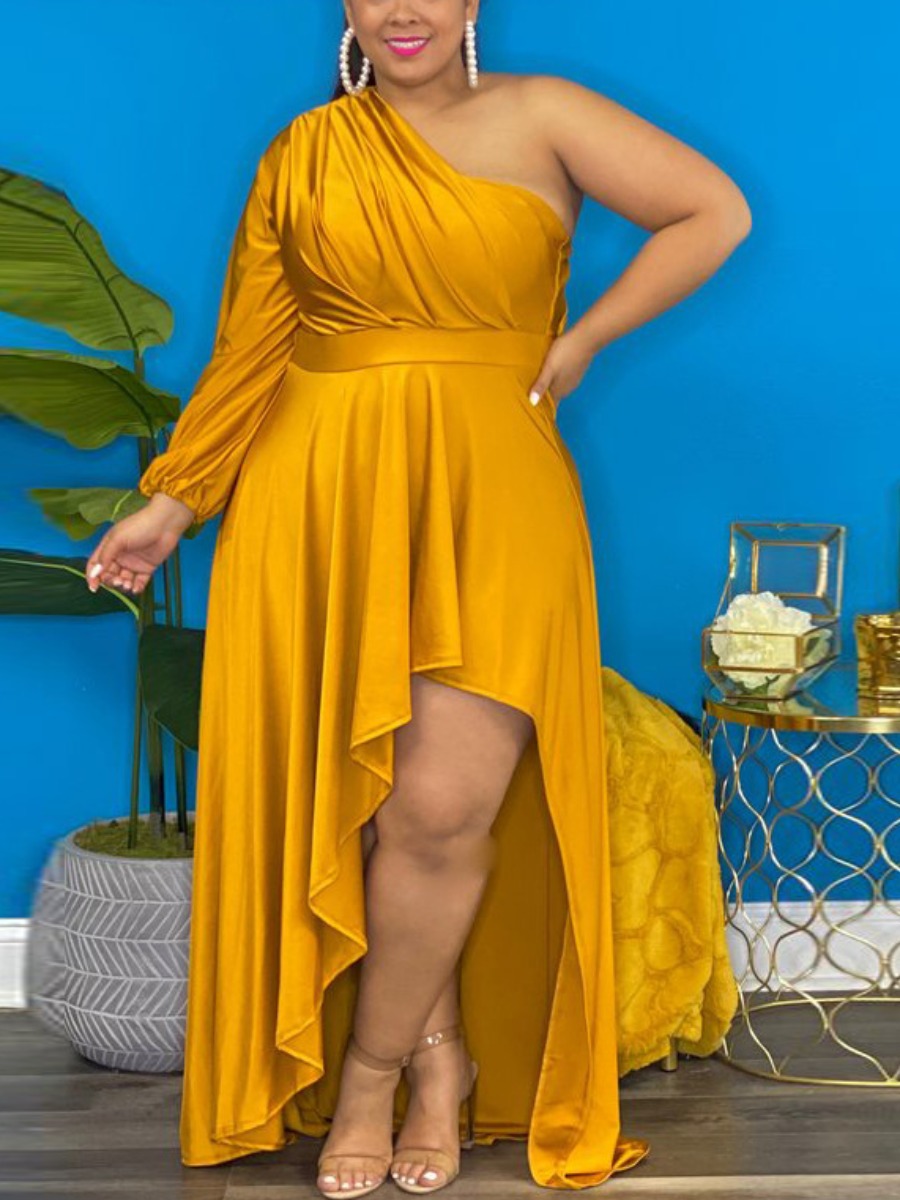 

LW Plus Size One Shoulder Fold Design Asymmetrical Dress, Yellow