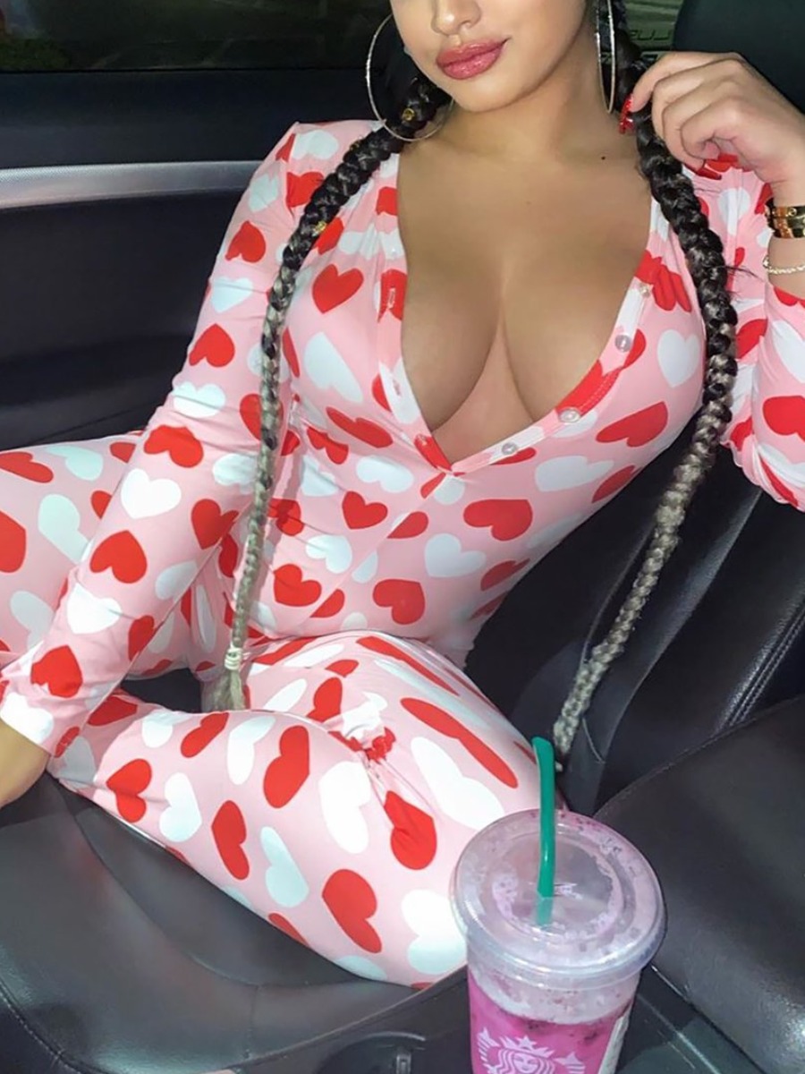 

LW COTTON V Neck Heart Print Jumpsuit, Red