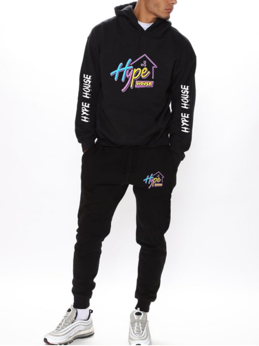 

LW Men Letter Print Kangaroo Pocket Sweatuit Set, Black