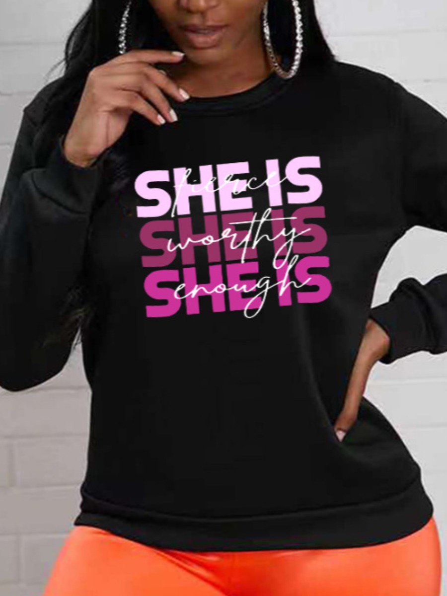

LW Round Neck Letter Print Sweatshirt, Black