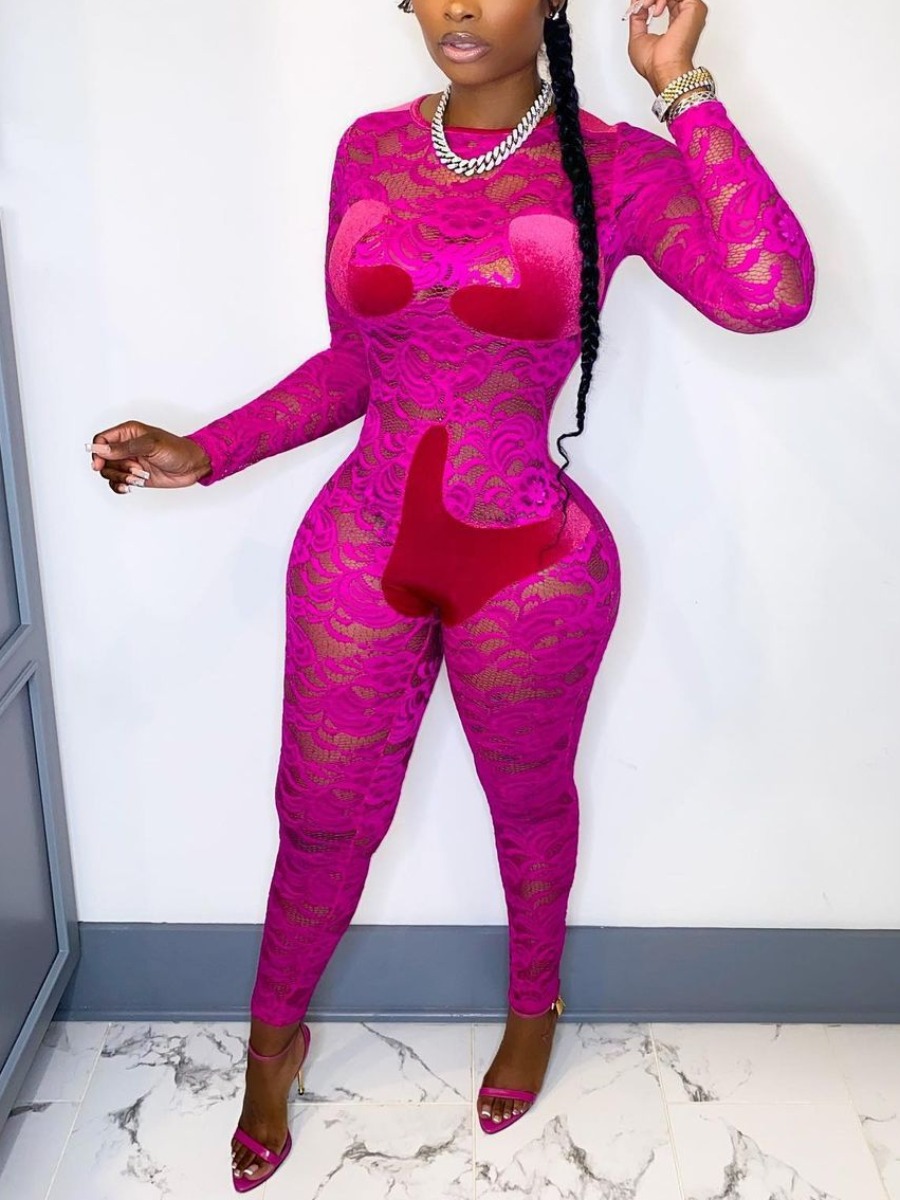 

LW SXY Round Neck See-through Jumpsuit, Rose red