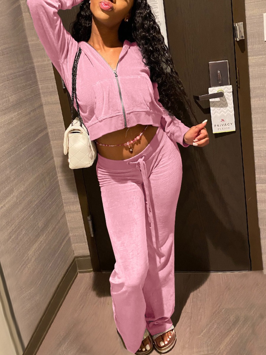 

LW Velvet Hooded Collar Drawstring Pants Set, Pink