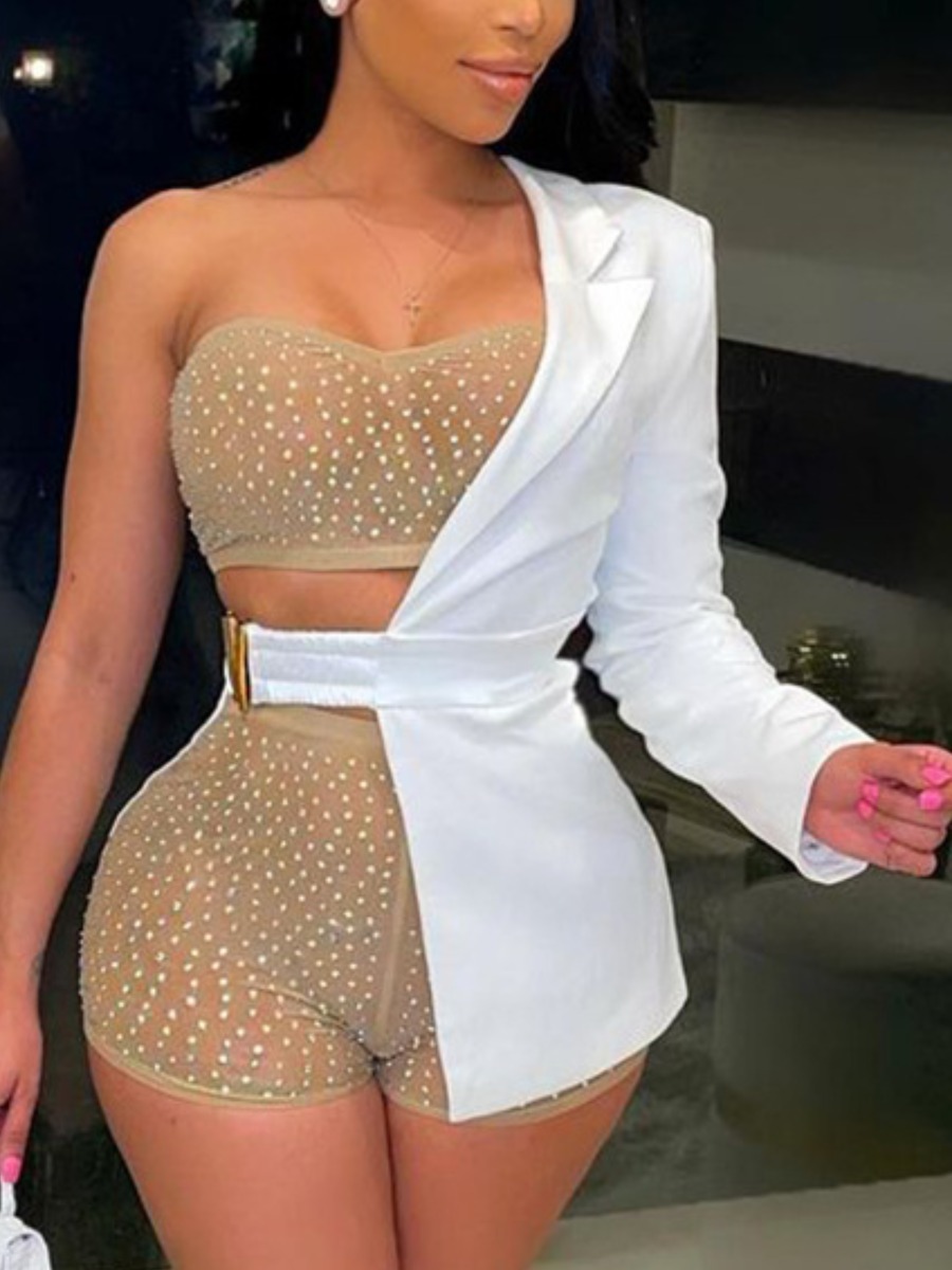 

LW SXY One Shoulder Belt Design Blazer, White